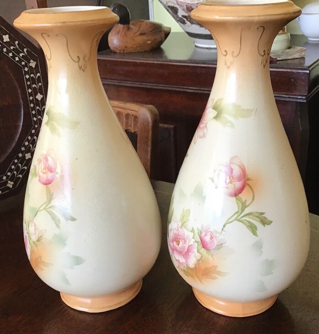 A Pair Of Antique Sanford Ware Hand Painted Blush Ivory Vases photo Home Decor