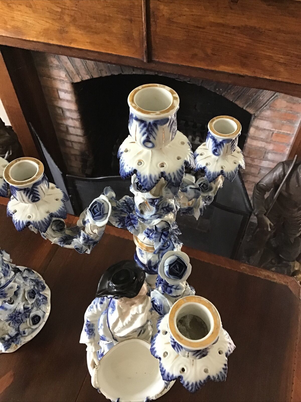 A Pair Of Blue & White Figural Sitzendorf Candelabra. Late 19th / 20th C. photo for sale