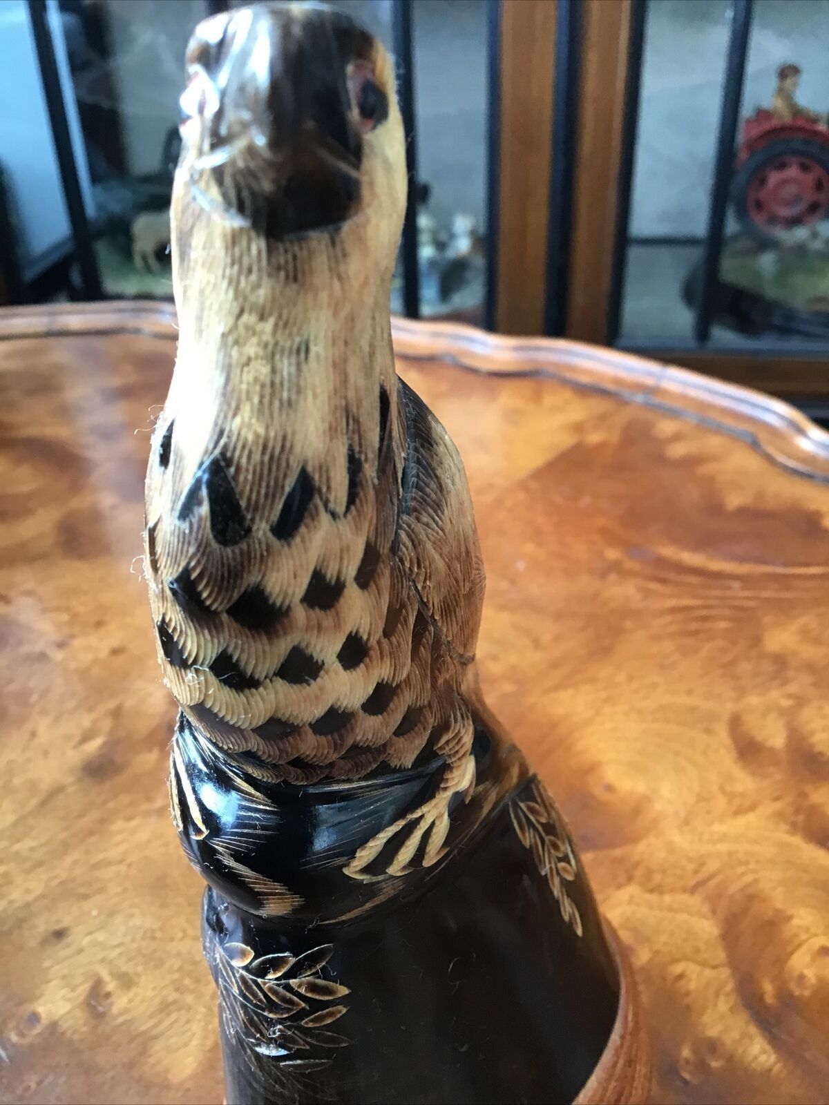 Intricately Carved Bovine Horn In The Form Of Eagle Glass Eyes Wooden Plinth photo for sale