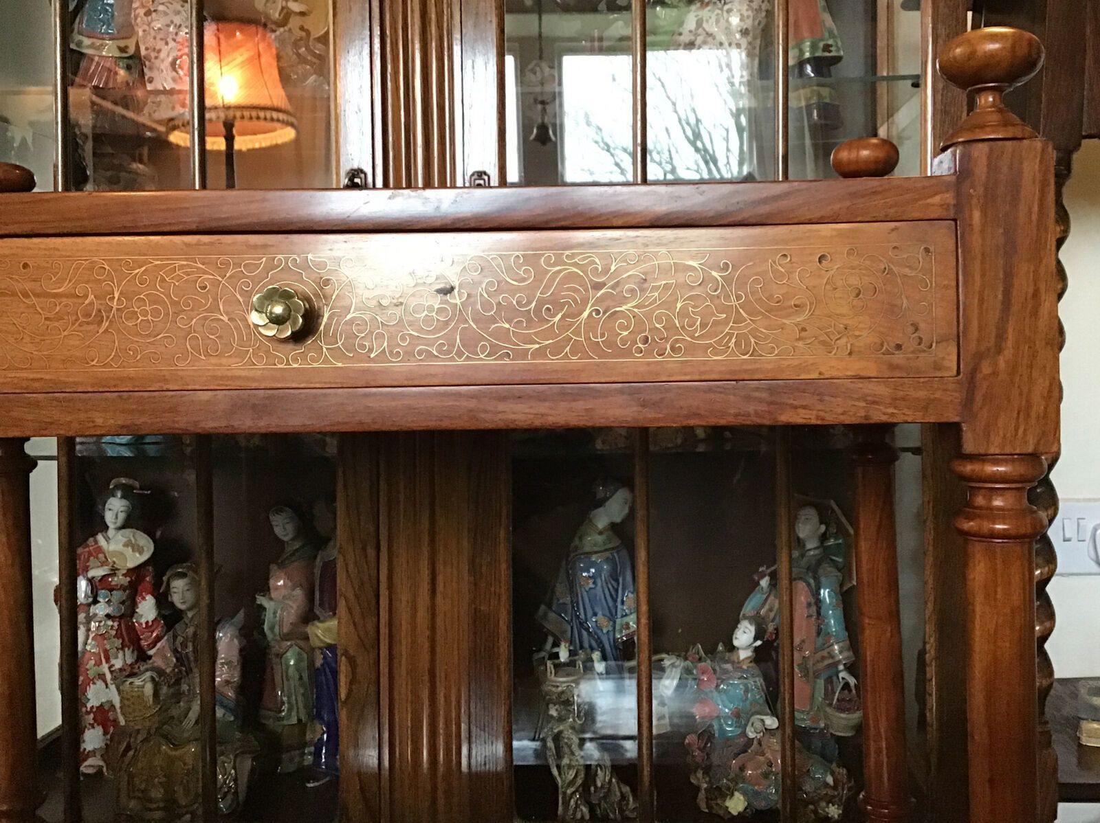 Mahogany 2 Tier Table / Stand. Brass Floral Inlayed Drawers. Turned Supports photo for sale