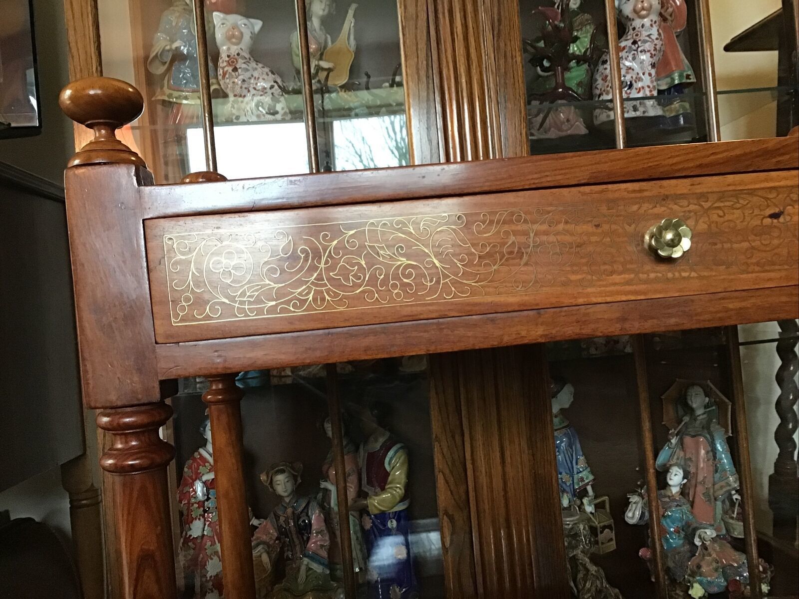 Mahogany 2 Tier Table / Stand. Brass Floral Inlayed Drawers. Turned Supports photo Furniture
