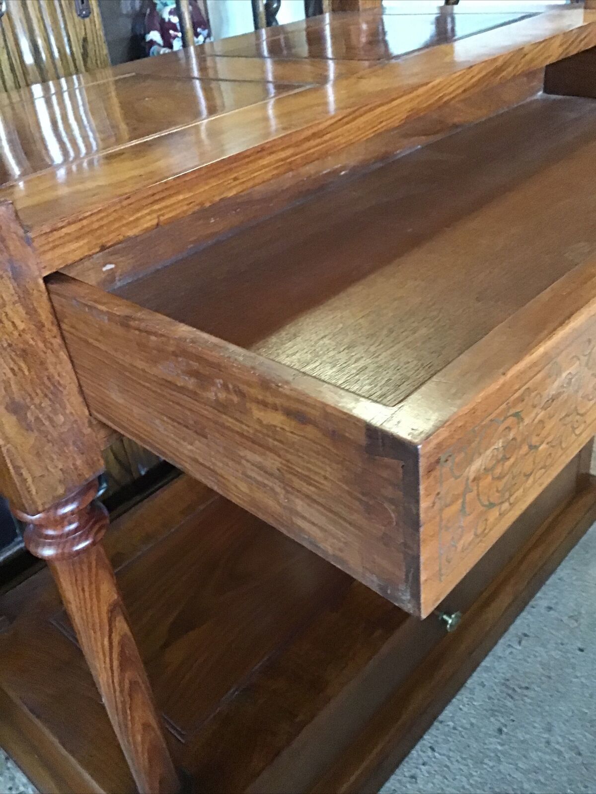 photo for sale Mahogany 2 Tier Table / Stand. Brass Floral Inlayed Drawers. Turned Supports