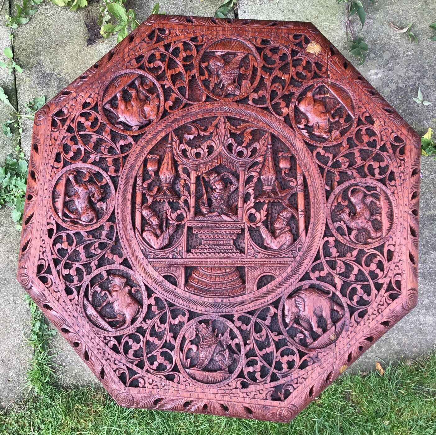 19th C. Large Intricatley Carved Burmese Teak Table On Trefoil Base photo furniture