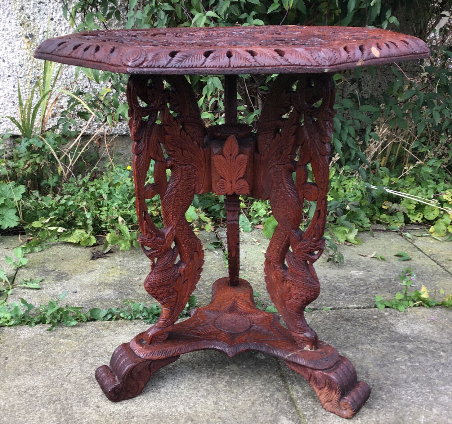 19th C. Large Intricatley Carved Burmese Teak Table On Trefoil Base photo for sale