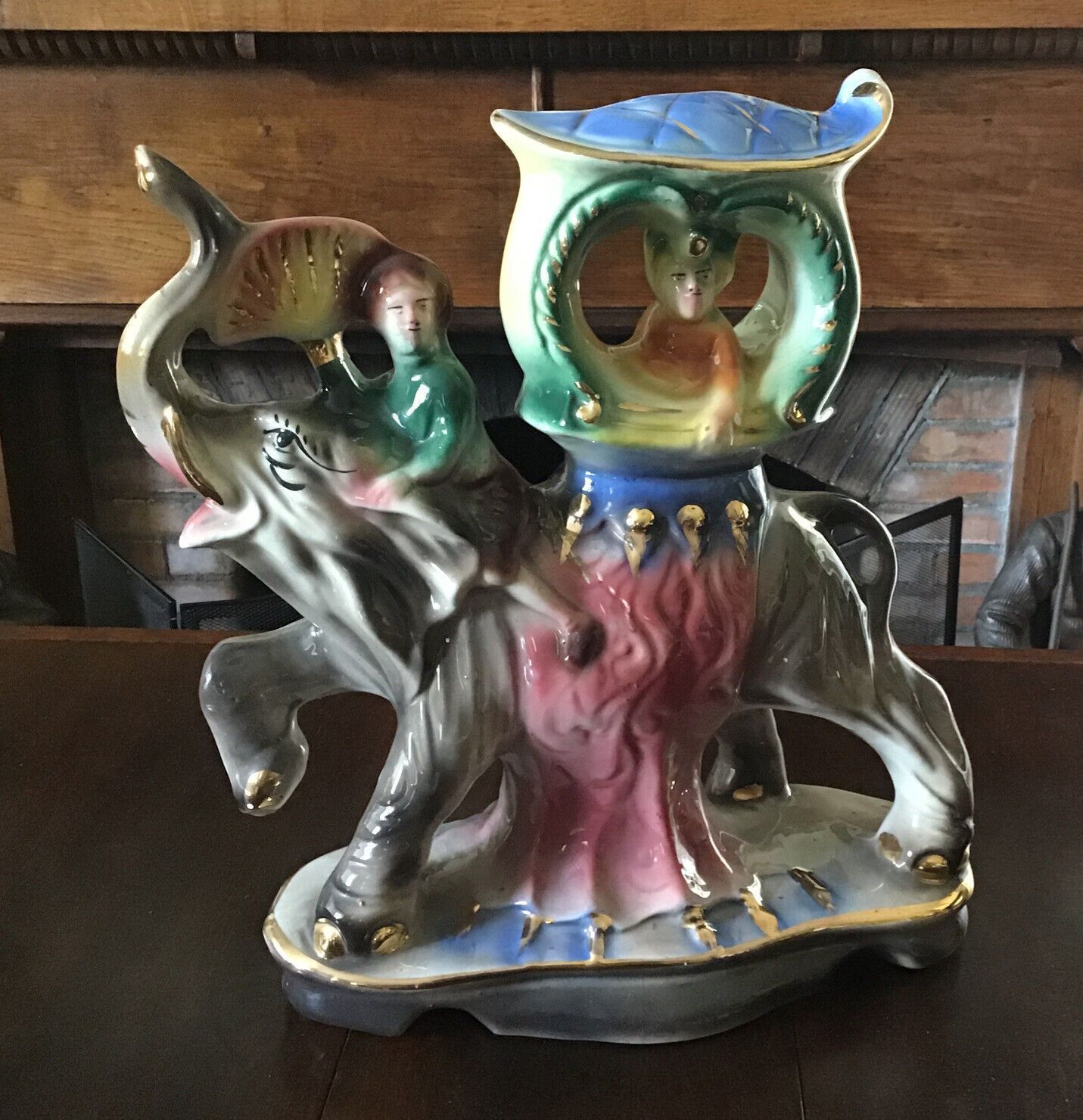 12.5” Tall Capodimonte Elephant With Sedan Chair And Mahout Wafting Fan. Rare