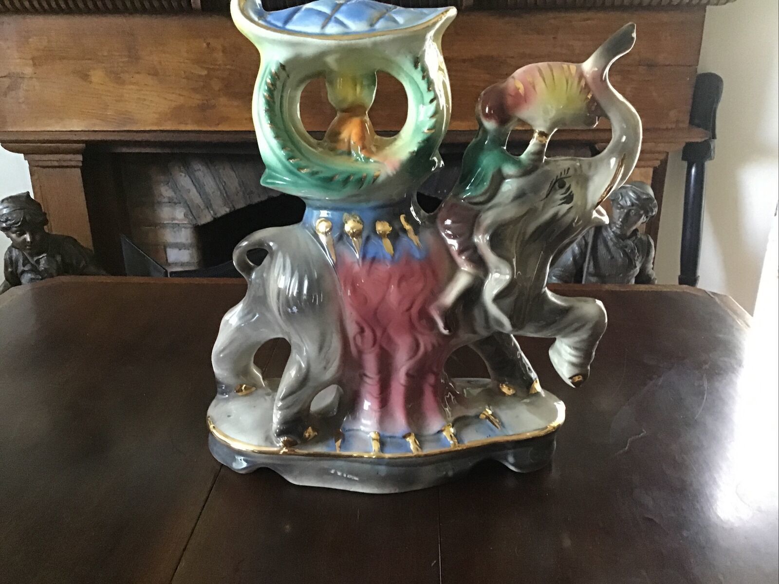 12.5” Tall Capodimonte Elephant With Sedan Chair And Mahout Wafting Fan. Rare photo vinterior