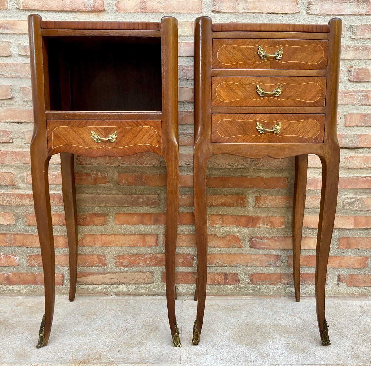 Vintage French Nightstands In Marquetry And Bronze Hardware, 1920, Set Of 2