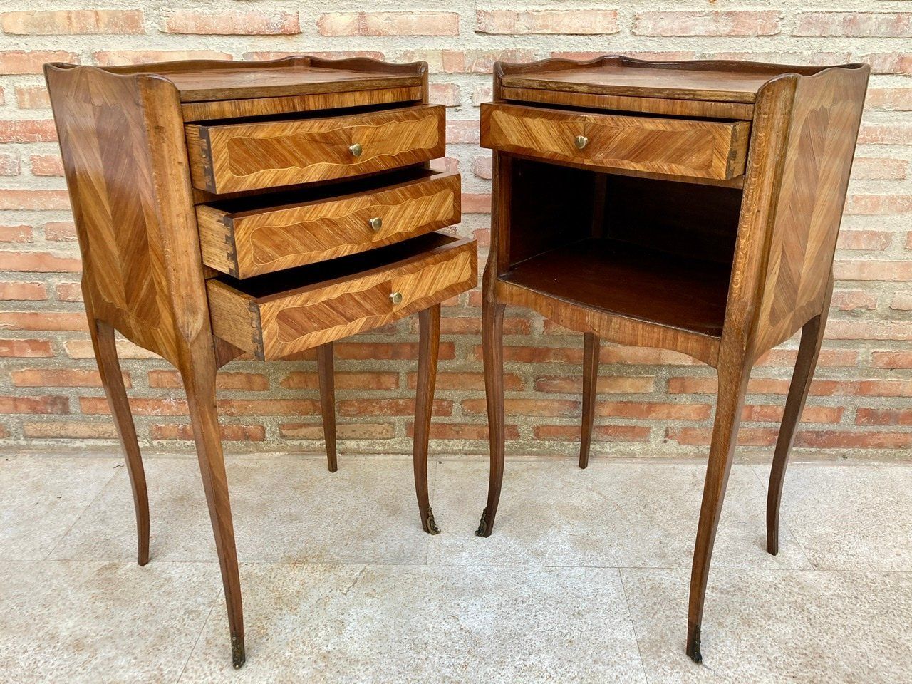 Vintage French Nightstands In Marquetry And Iron Hardware, 1940, Set Of 2 photo for sale
