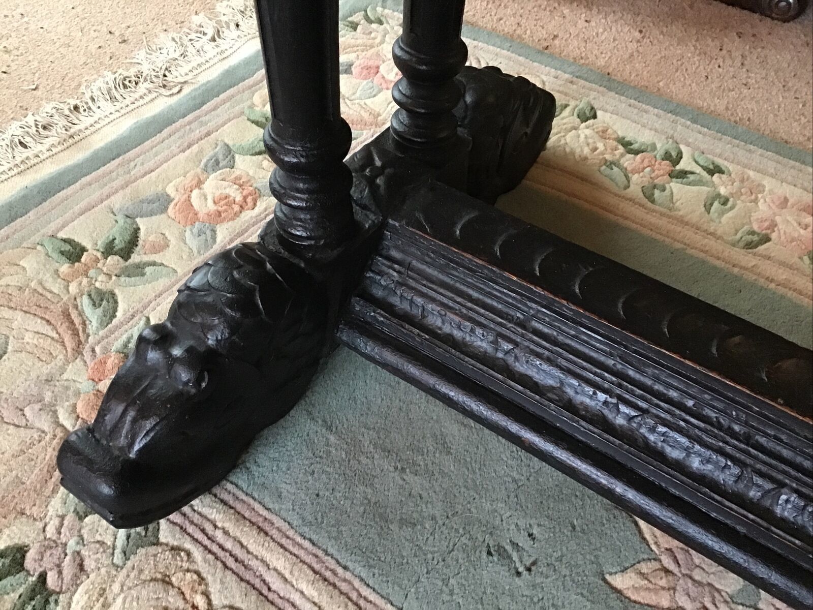 Heavily Carved Oak Writing Table. Fluted Column Legs Over Dolphin Feet C.1800 photo furniture