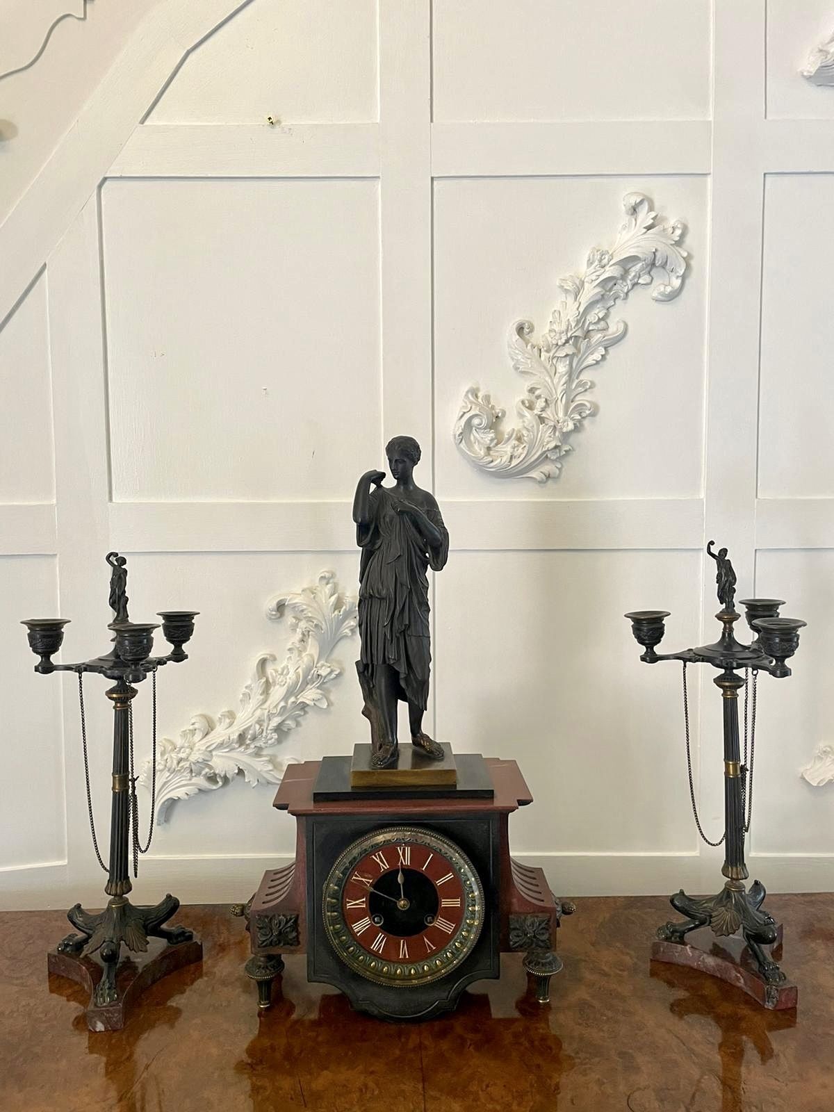 Outstanding Quality Antique Bronze And Marble Clock Set