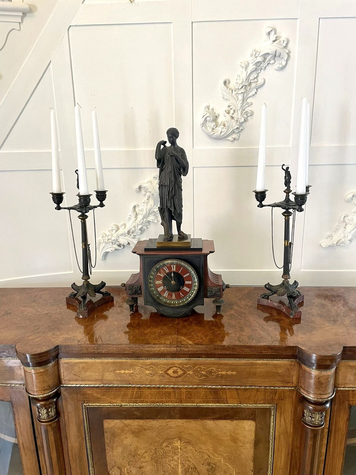 Outstanding Quality Antique Bronze And Marble Clock Set photo vinterior