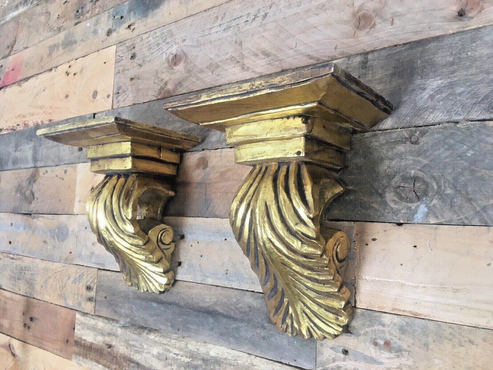 Superb Pair Of Ornate Acanthus Leaf Giltwood Rococo Baroque Vintage Wall Shelves photo furniture