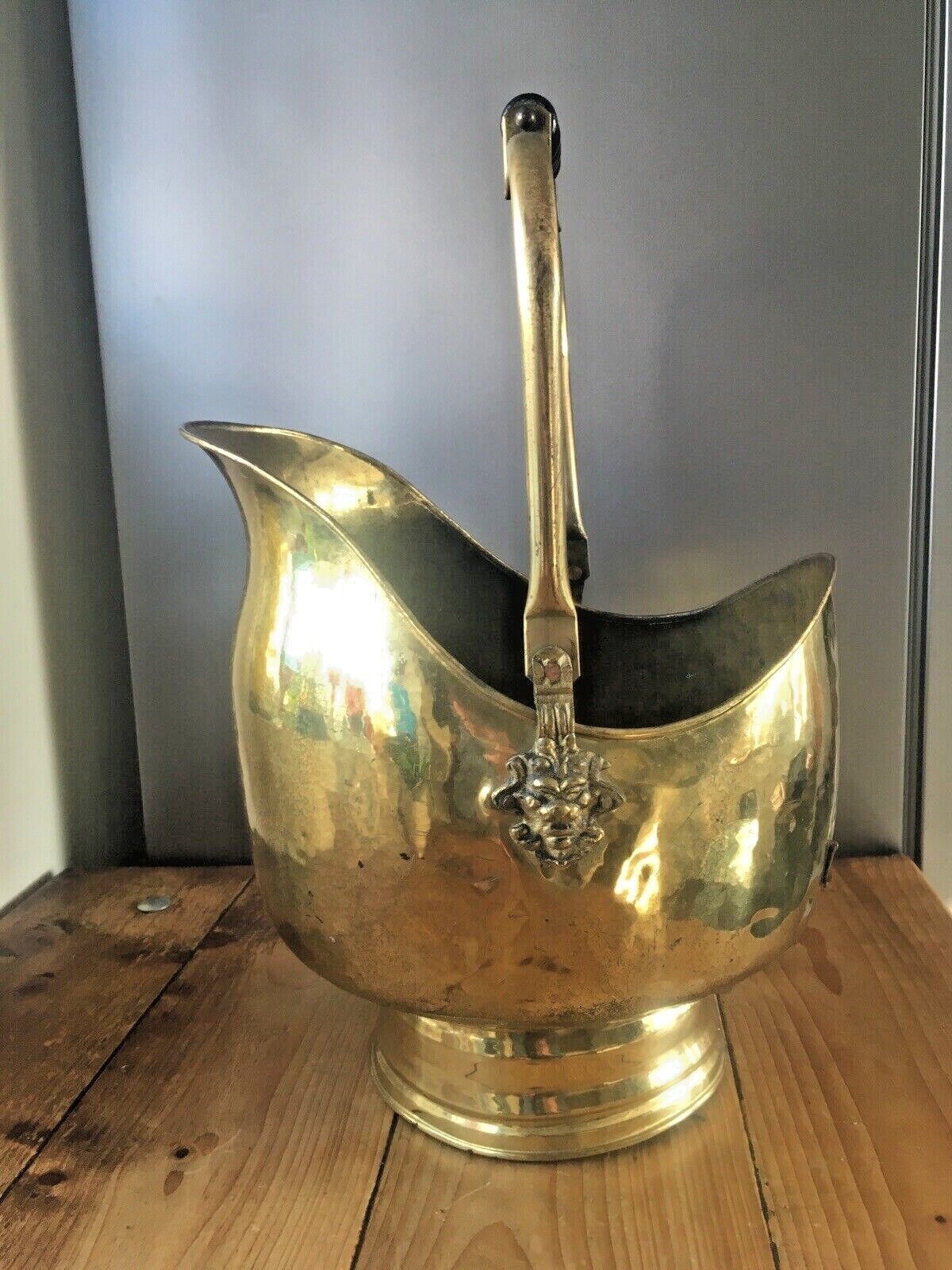 photo furniture Large Brass Lion Mask Helmet Coal Bucket Fire Scuttle Kindling Antique Vintage