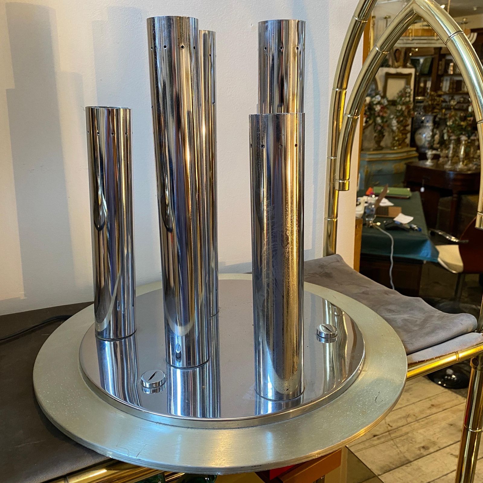 1970s Space Age Steel And Aluminum Italian Table Lamp By Reggiani photo furniture