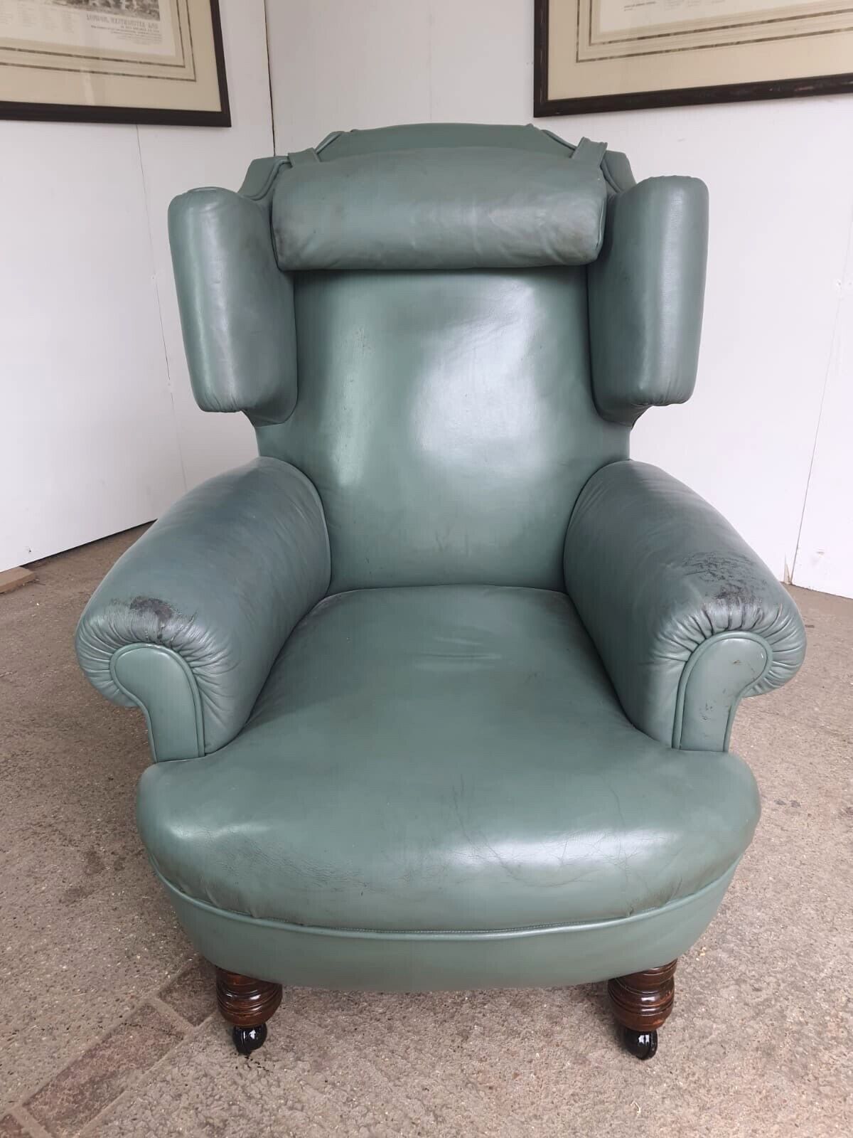 Antique Wing Back Green Leather Armchair Wood Legs Castors photo furniture