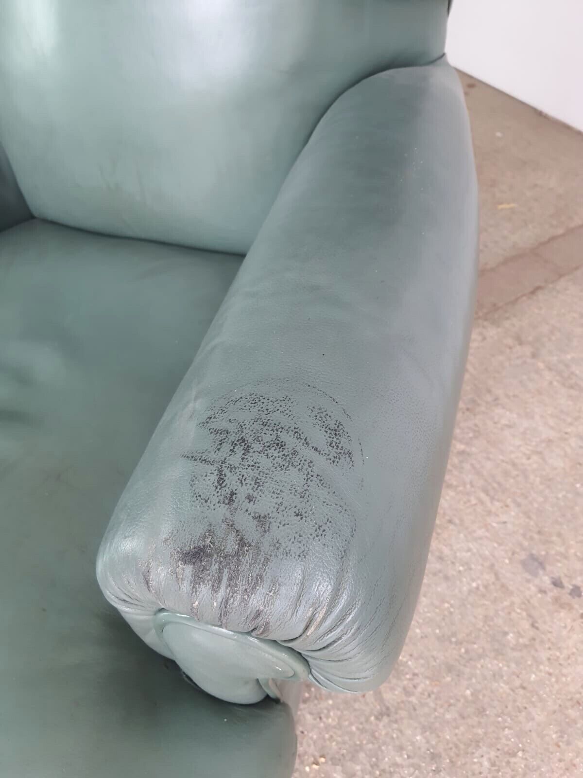 photo for sale Antique Wing Back Green Leather Armchair Wood Legs Castors