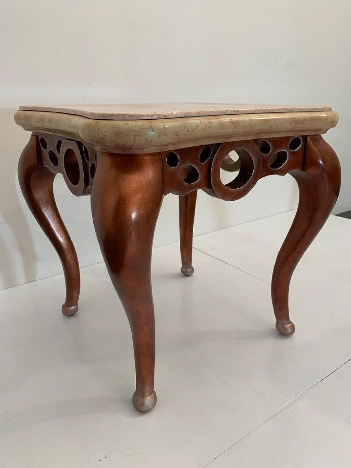 photo furniture Pair Of Red Metal Leaf Coffee Tables With Pink Marble Tops, 1990s
