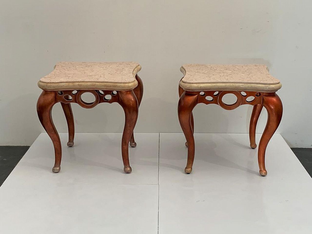 photo vinterior Pair Of Red Metal Leaf Coffee Tables With Pink Marble Tops, 1990s