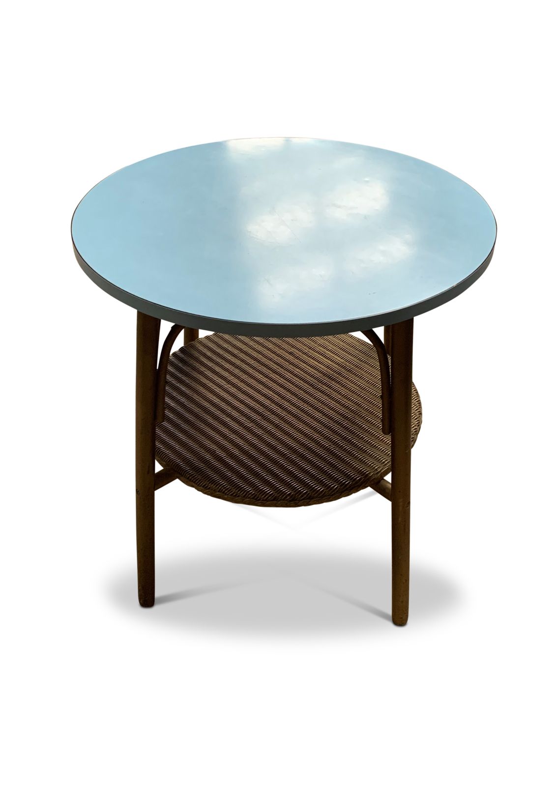 Lloyd Loom "Lusty" Bentwood Table. Circular Blue Top With Original Gold Finish Under. 1930's, Makers Label Attached. Ol photo for sale