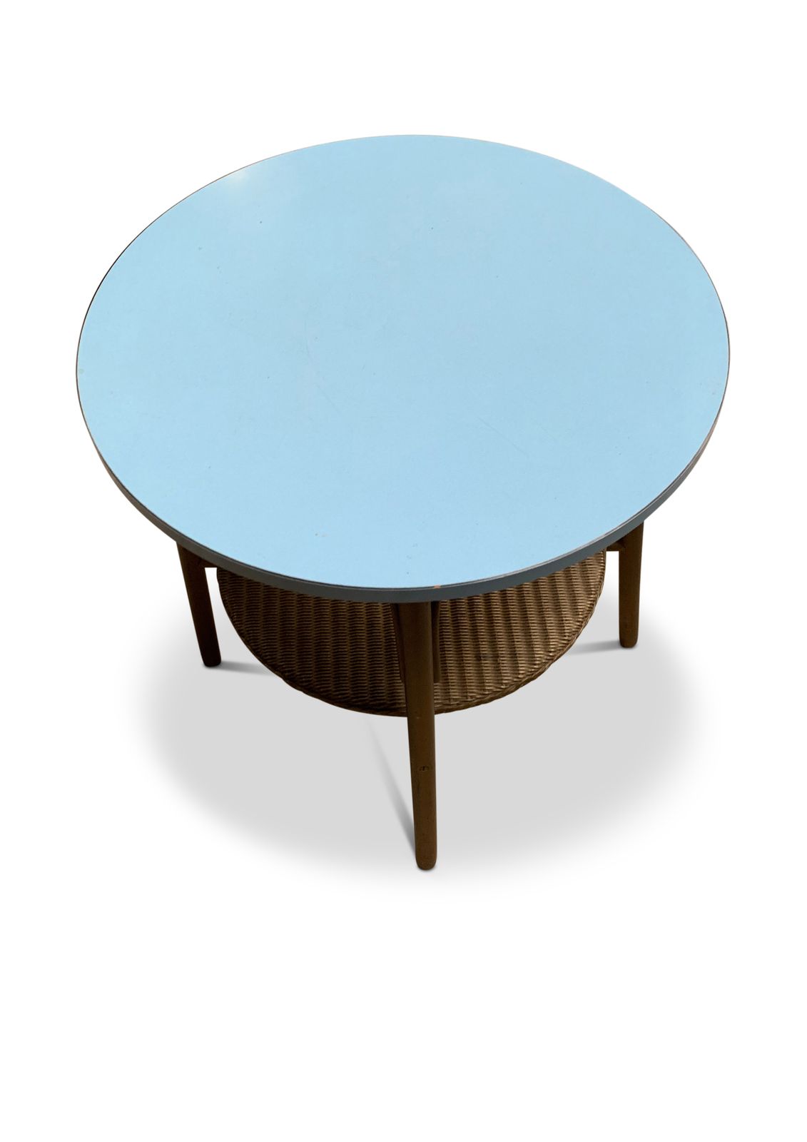 Lloyd Loom "Lusty" Bentwood Table. Circular Blue Top With Original Gold Finish Under. 1930's, Makers Label Attached. Ol photo Furniture