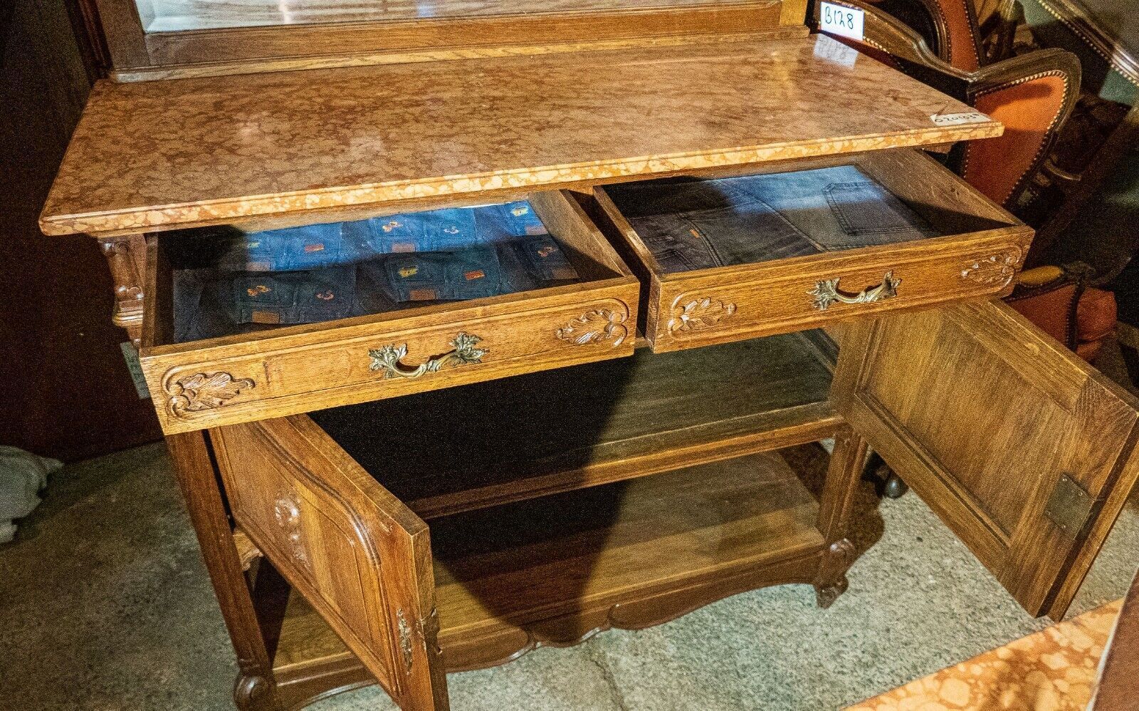 photo for sale 19th Century French Oak And Marble Topped Dressing Table/Washstand
