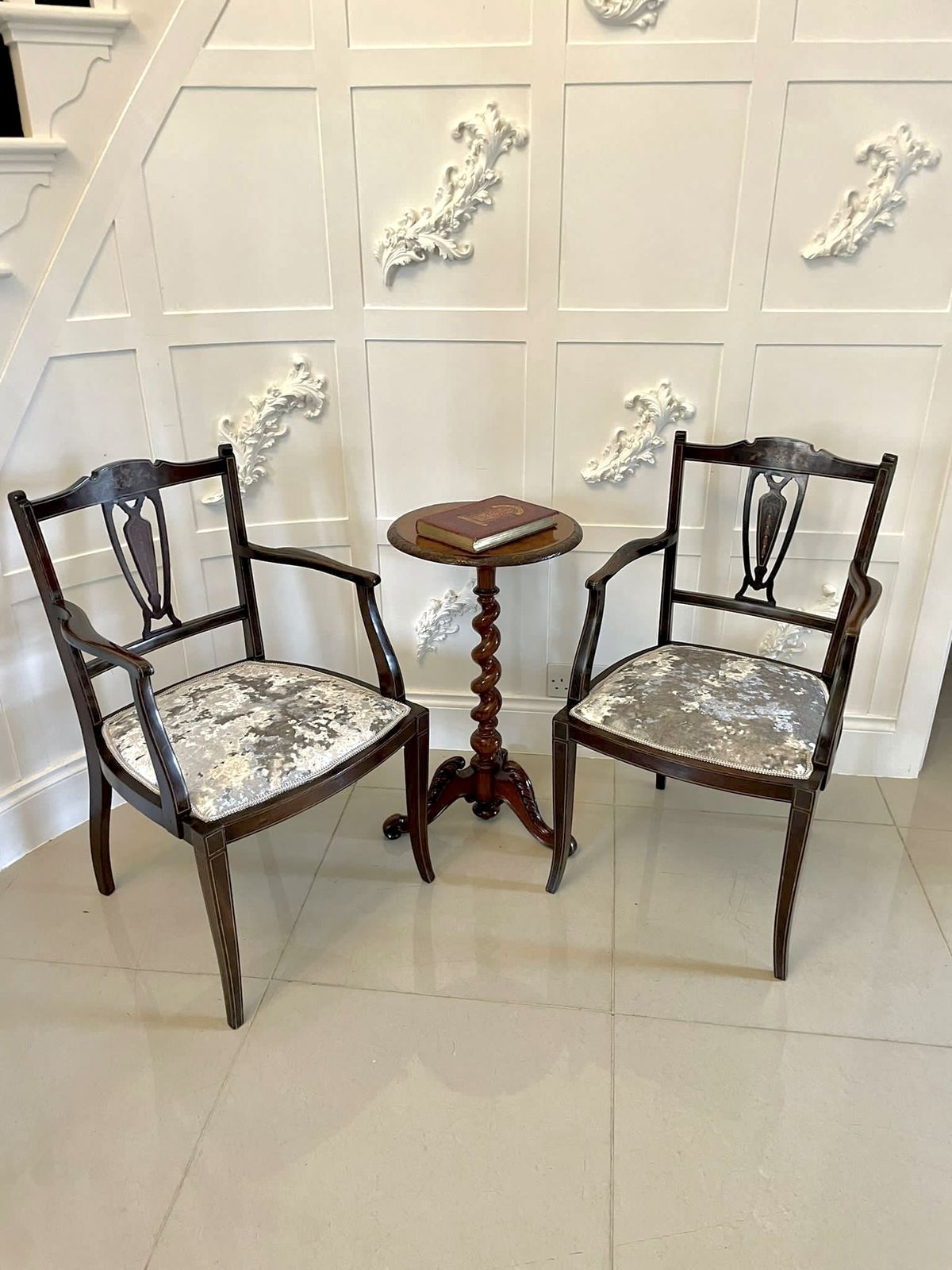 photo furniture Pair Of Antique Mahogany Inlaid Armchairs