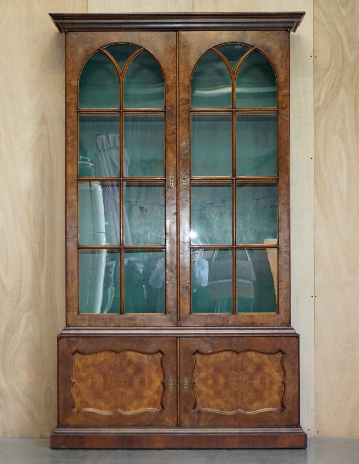 Sublime Antique Victorian Burr Walnut Library Bookcase With Gothic Glazed Doors photo furniture