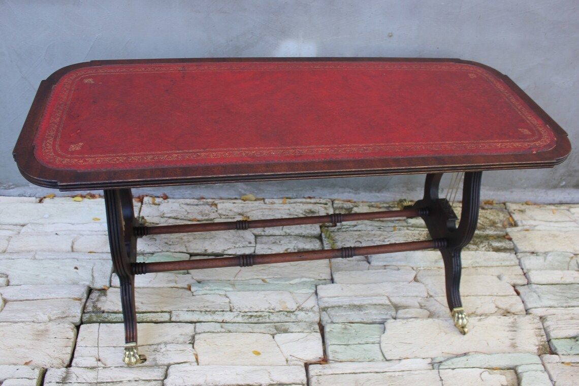 Rare Coffee Table Lyre Harp Base Sheraton Style Table On Caster Wheels And Leather Top