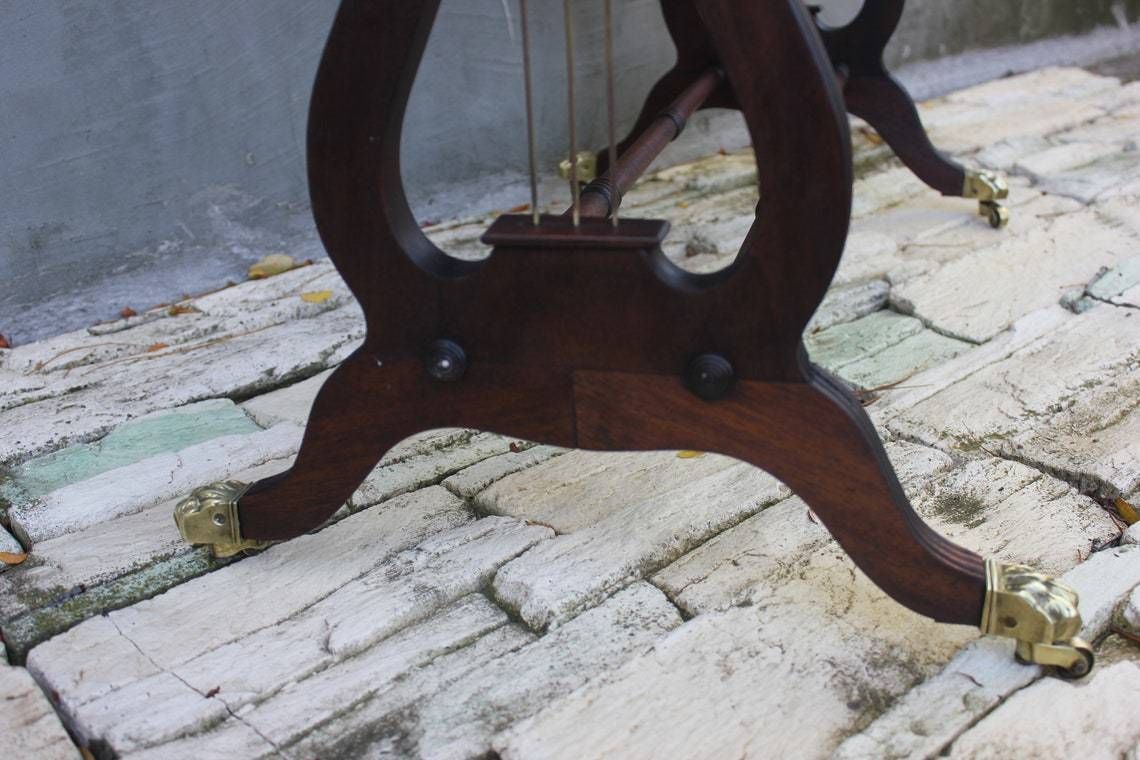 Rare Coffee Table Lyre Harp Base Sheraton Style Table On Caster Wheels And Leather Top photo Furniture