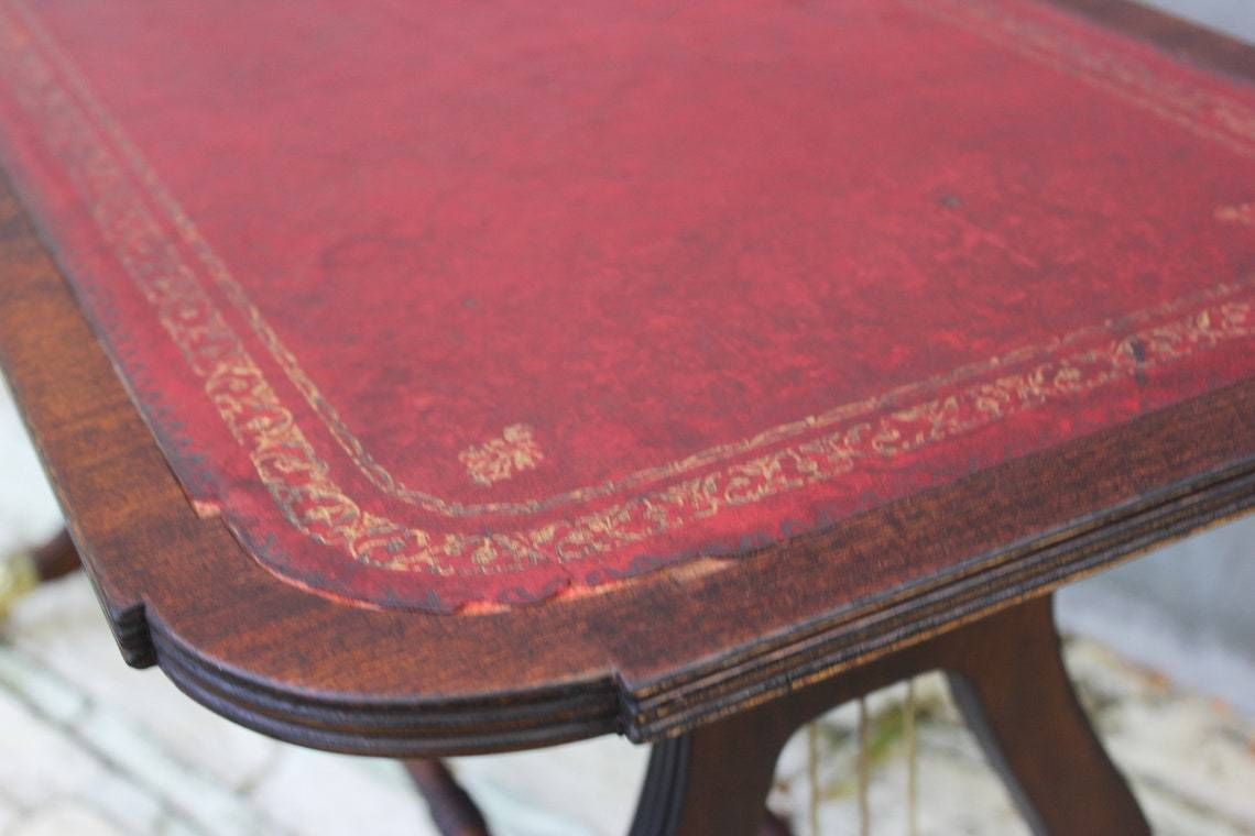 Rare Coffee Table Lyre Harp Base Sheraton Style Table On Caster Wheels And Leather Top photo 448.0