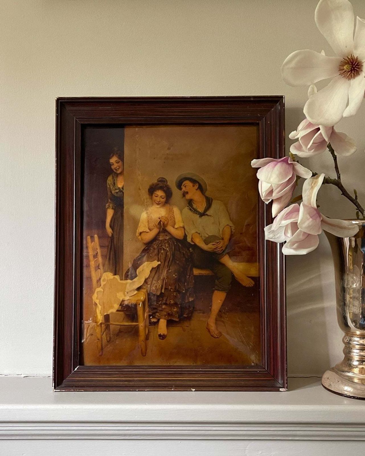 Reverse Glass Painting Of A Seamstress, Man & On Looker