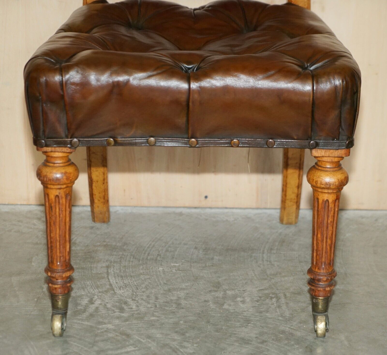 Six Antique Regency 1820 Brown Leather Pollard Oak Chesterfield Dining Chairs photo vinterior
