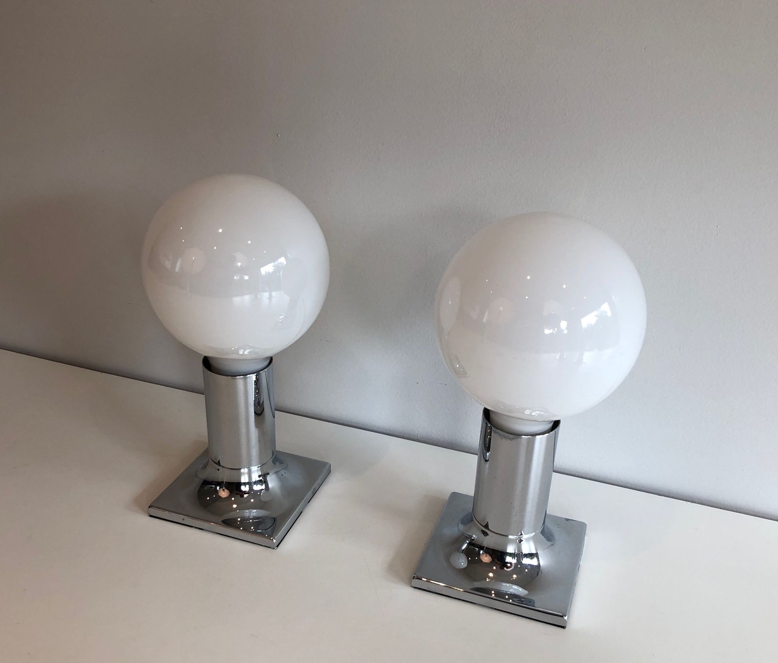 Set Of Chrome And White Opaline Glass Bowls Wall Lights Or Fixtures photo 950.0