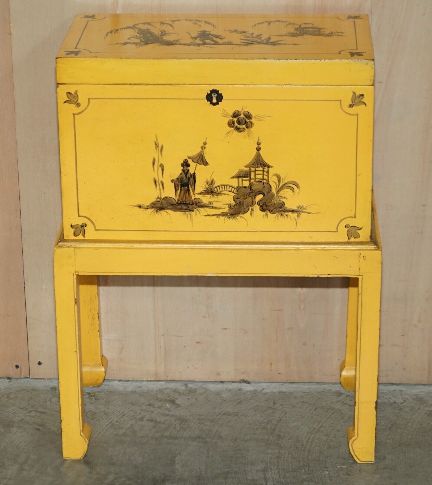 Antique Japanned Yellow Oriental Side Chest On Stand Hand Painted & Lacquered photo furniture