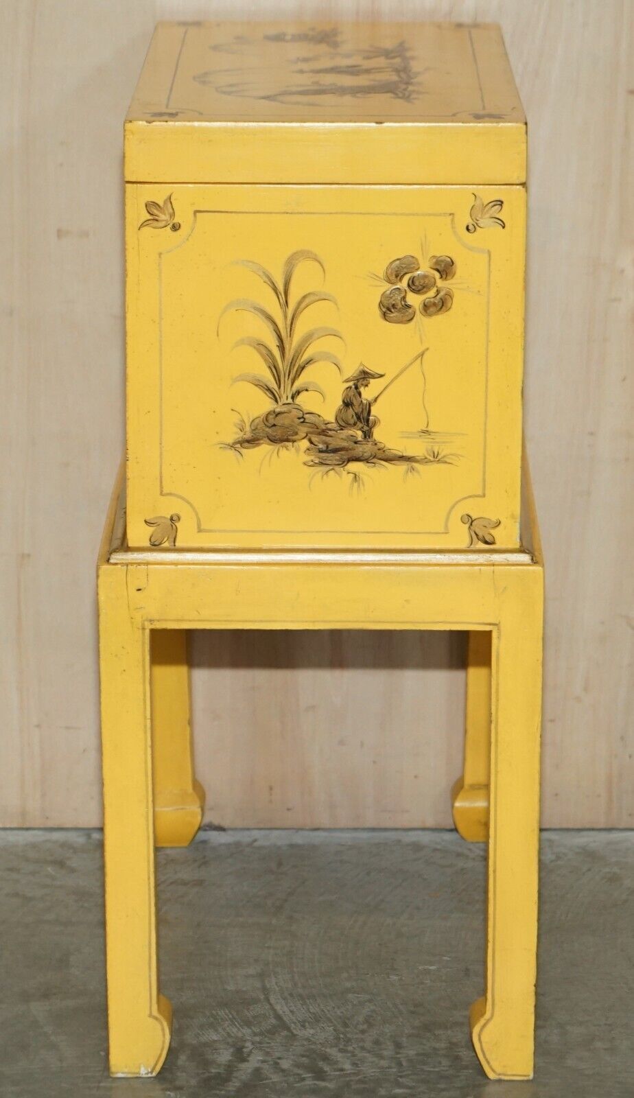 Antique Japanned Yellow Oriental Side Chest On Stand Hand Painted & Lacquered photo vinterior