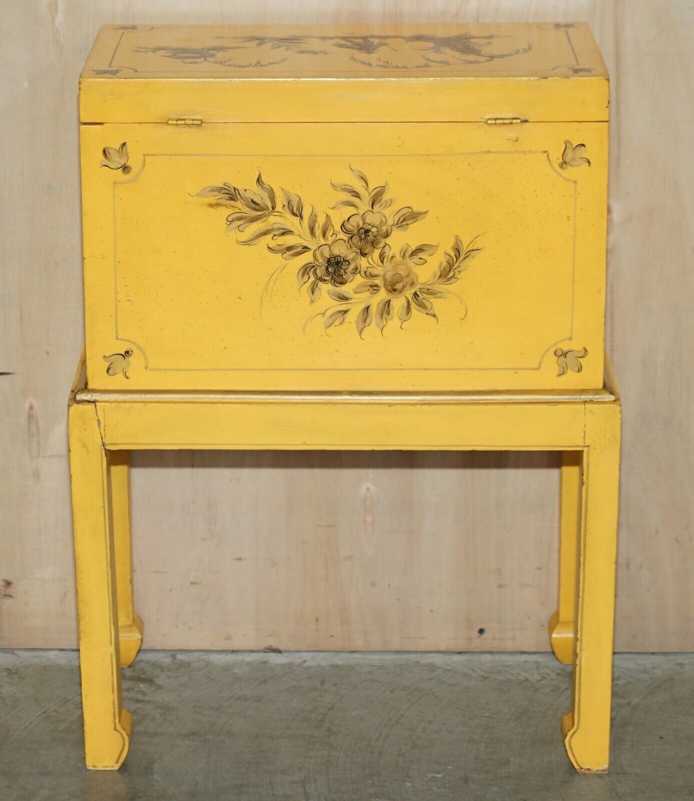 Antique Japanned Yellow Oriental Side Chest On Stand Hand Painted & Lacquered photo buy