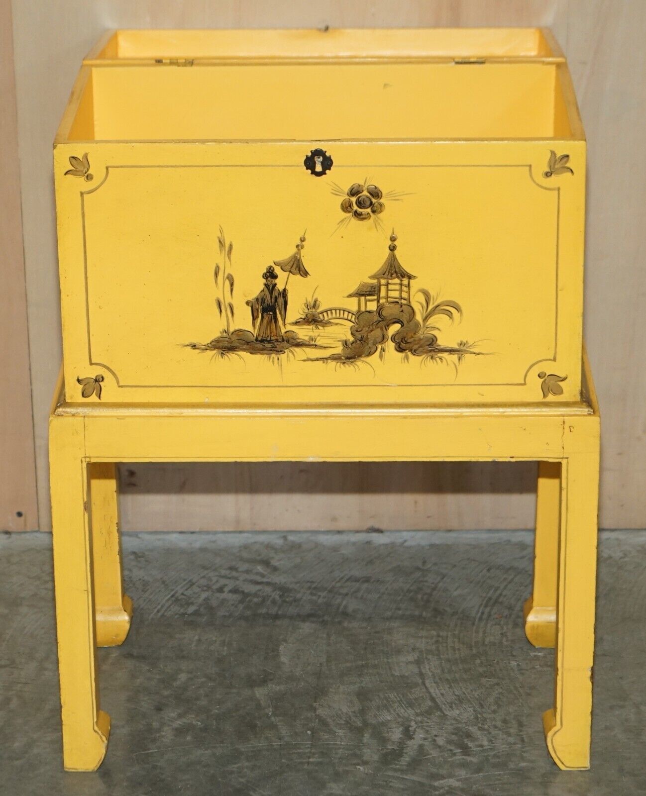 photo for sale Antique Japanned Yellow Oriental Side Chest On Stand Hand Painted & Lacquered