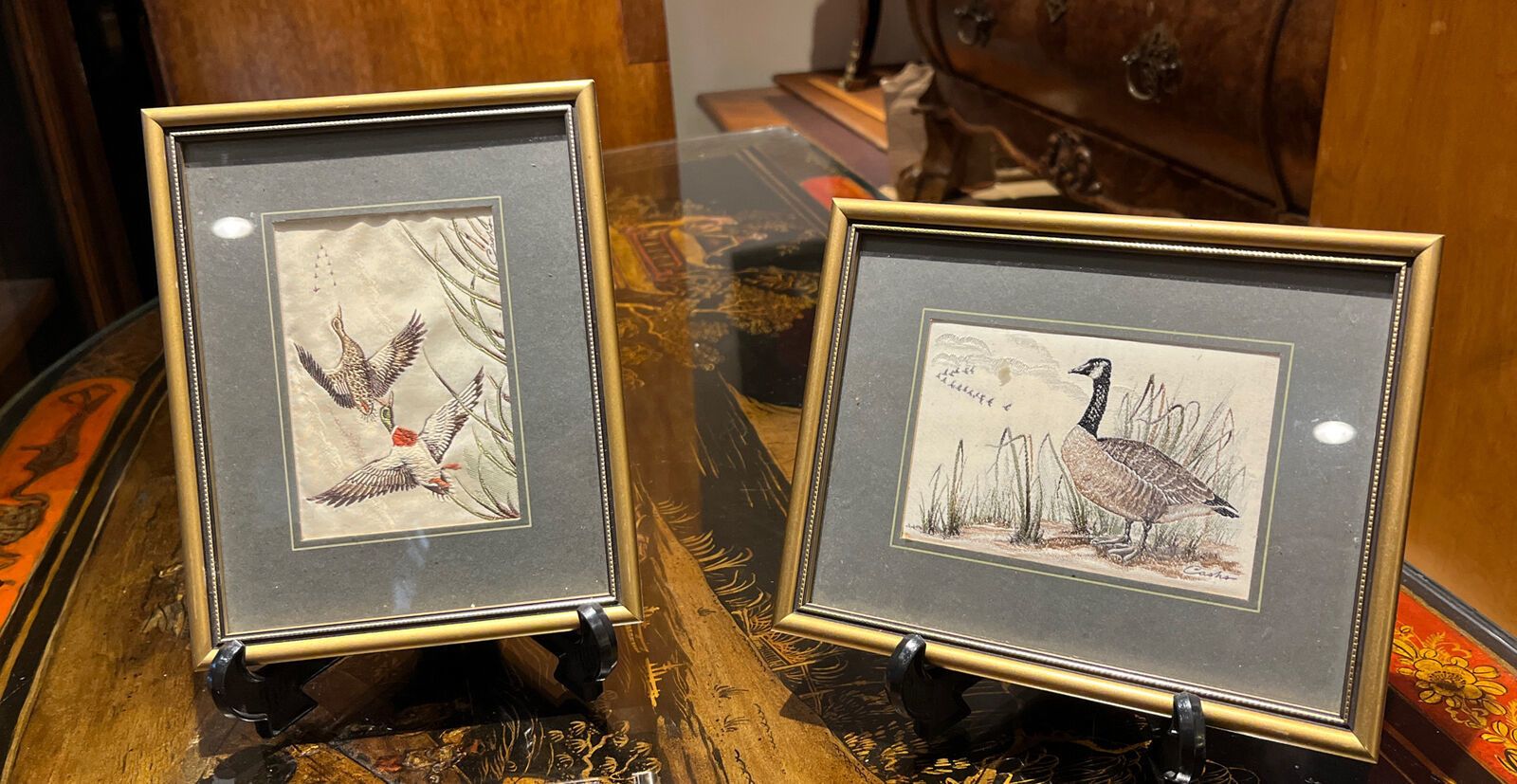 Pair Of Silk Pictures Of Birds We Ship Worldwide