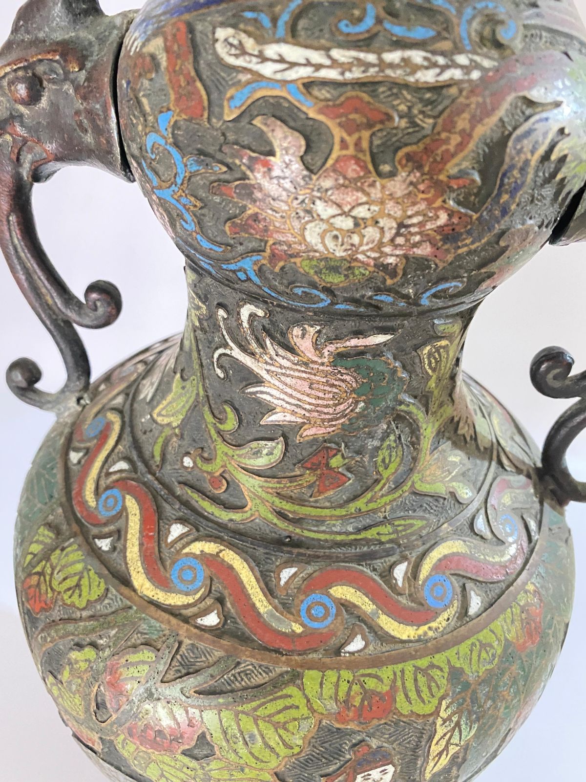 Large Antique Chinese Cloisonné Champlevé Bronze Vase, China, Circa 1890 photo buy