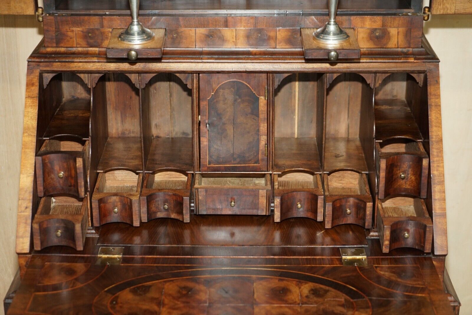 photo for sale Fine Antique Georgian Circa 1780 Oyster Venner Bureau Bookcase Chest Of Drawers