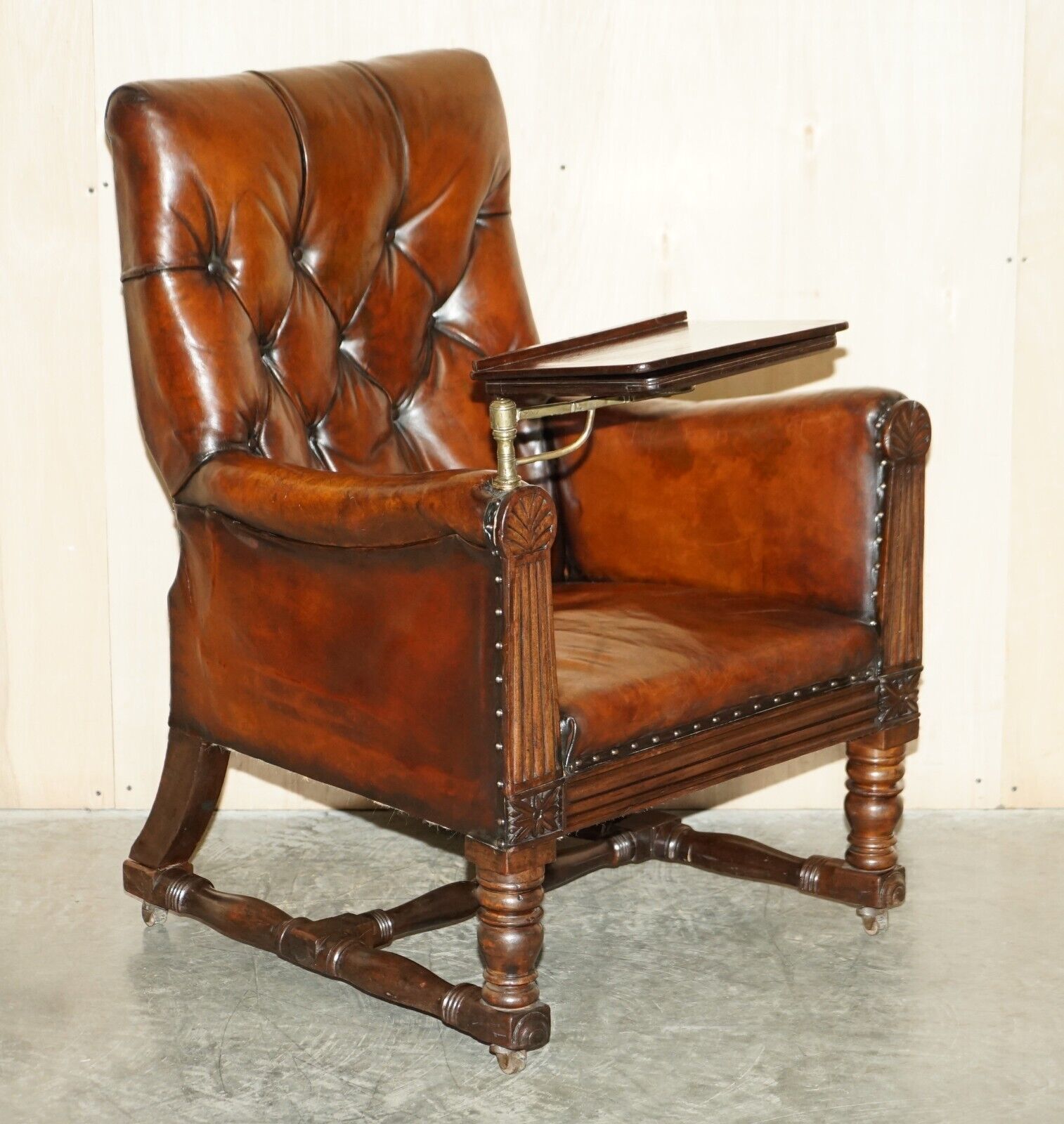 Ntique Regency 1810 Restored Brown Leather Chesterfield Armchair Reading Slope
