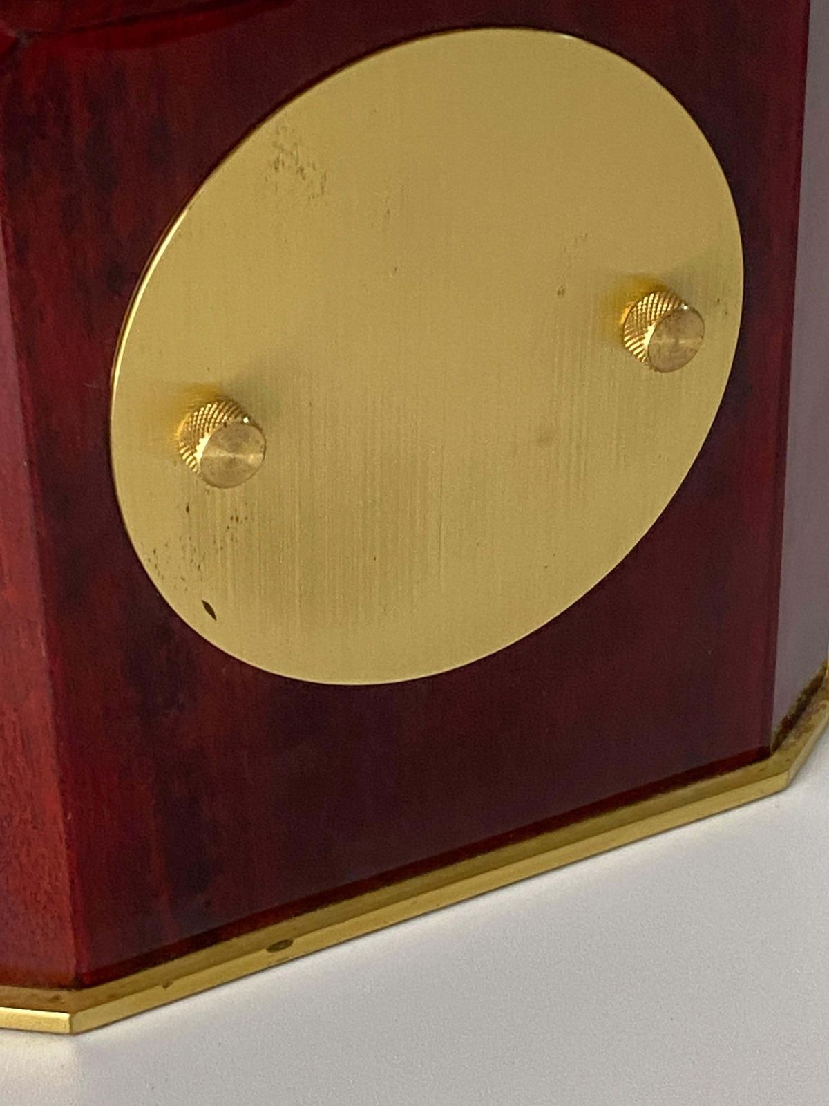 Table Clock Modern Shape Burgundy Color Hard Plastic And Brass France 1970 photo 485.0