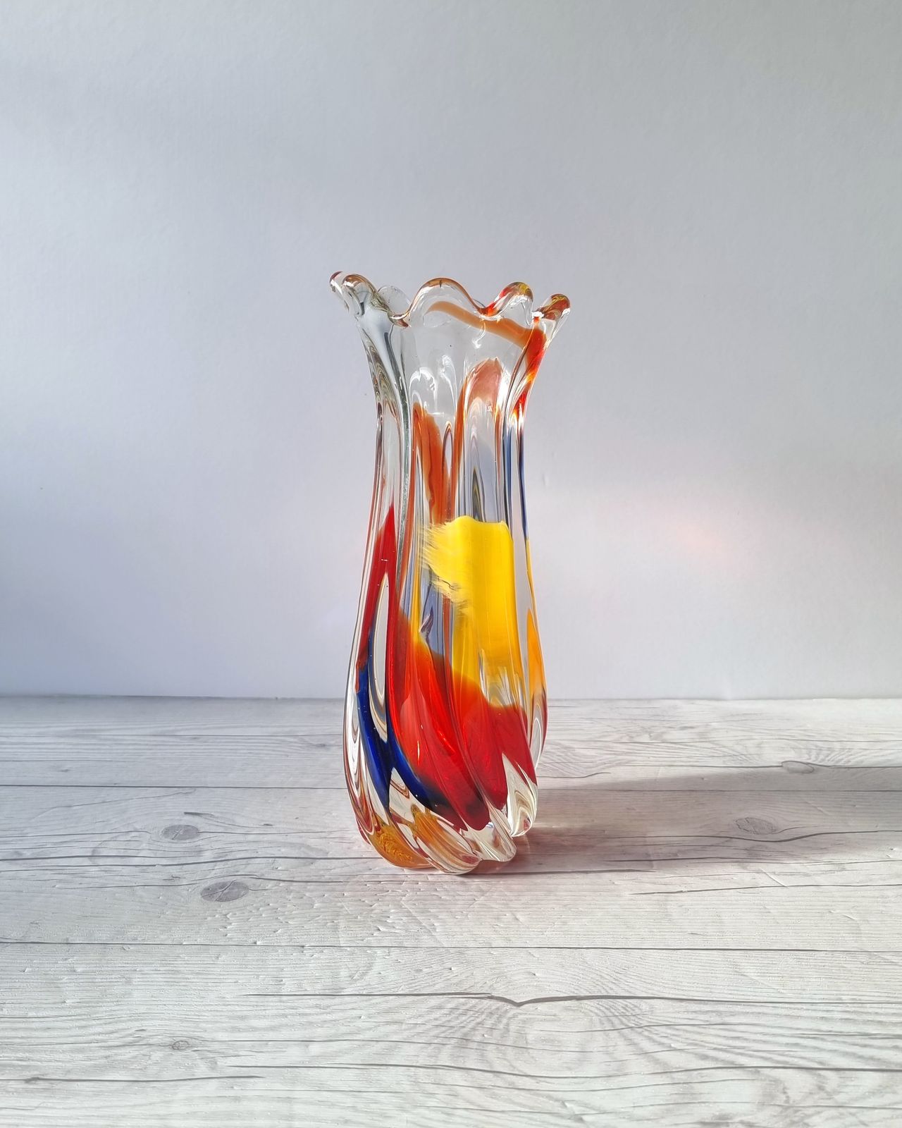 Iwatsu Hineri, Sculpted Apricot, Scarlet And Azure Striped Twist Vase, 1960s 70s, Japanese photo furniture