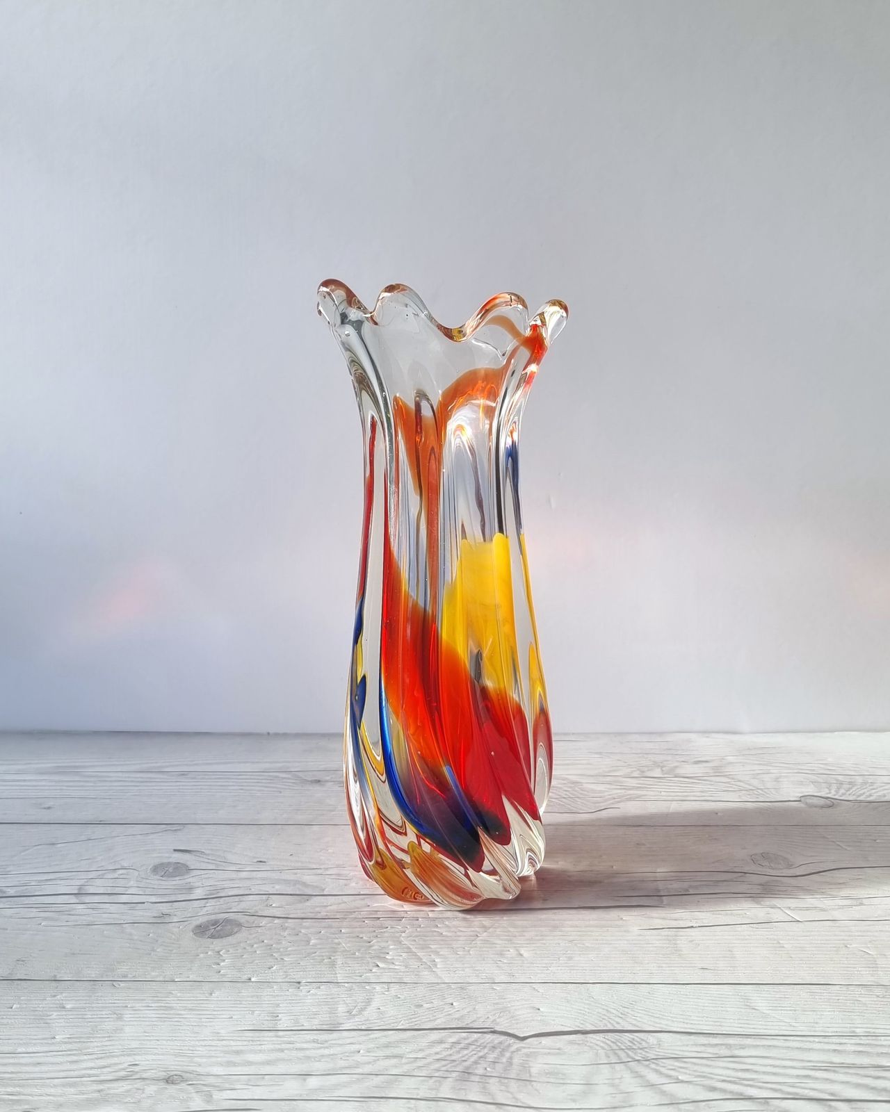 photo for sale Iwatsu Hineri, Sculpted Apricot, Scarlet And Azure Striped Twist Vase, 1960s 70s, Japanese