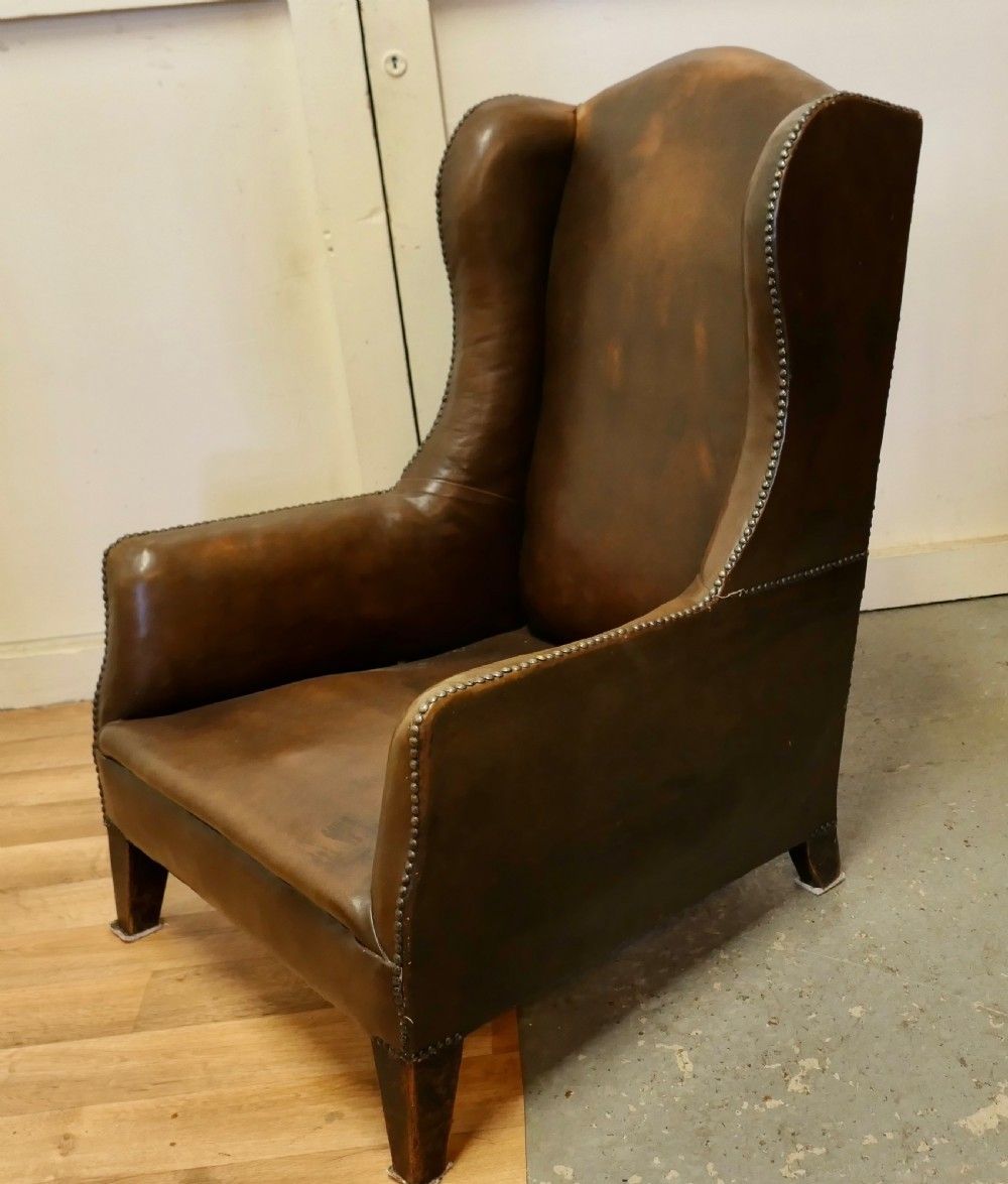 French Art Deco Wing Back Chair, In Dark Brown Leather photo vinterior