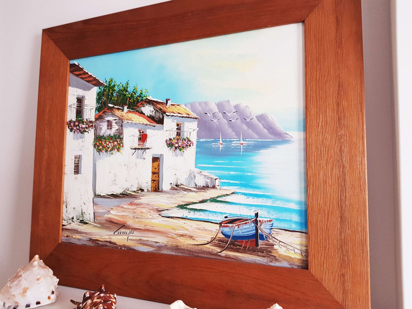 Large Oil Painting Of Mediterranean Harbour Scene photo for sale