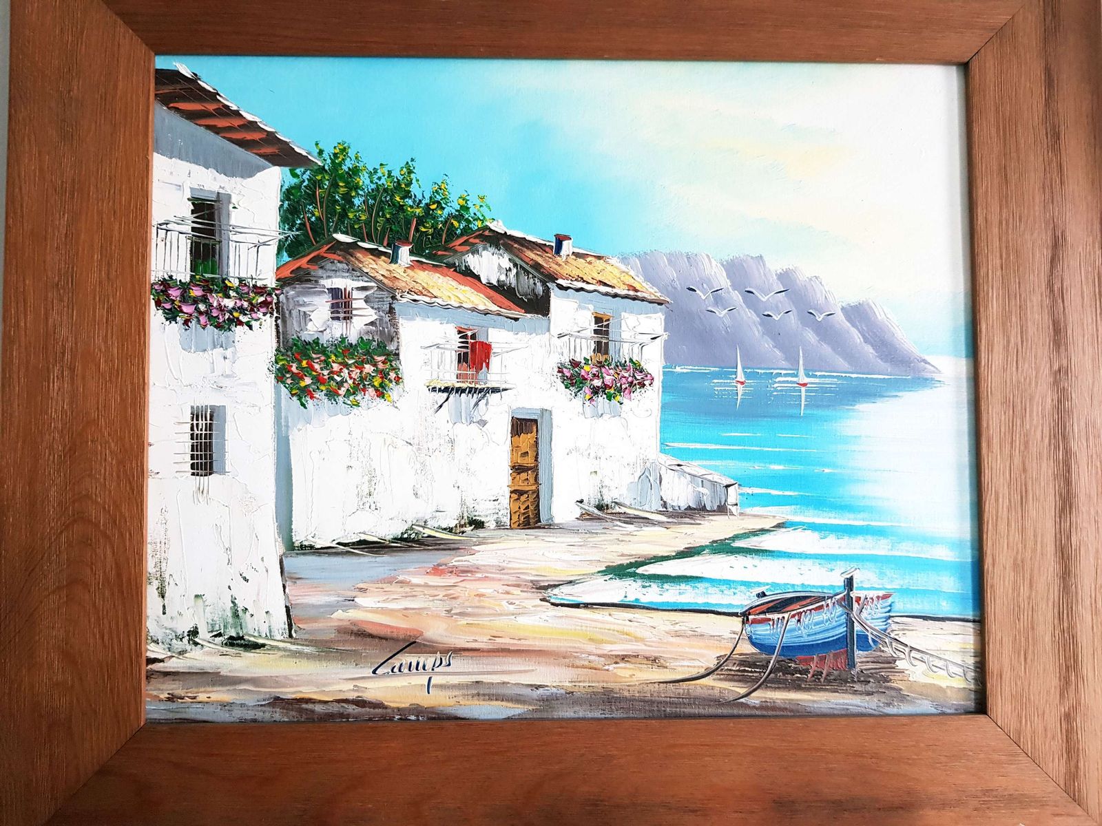 Large Oil Painting Of Mediterranean Harbour Scene photo 85.0