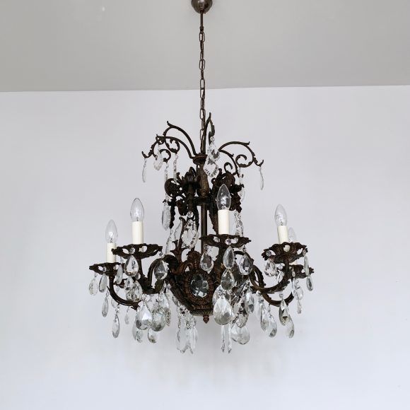 Large French Heavy Cast Brass Chandelier With Crystal Pears And Glass Flat Leaf Drops photo furniture