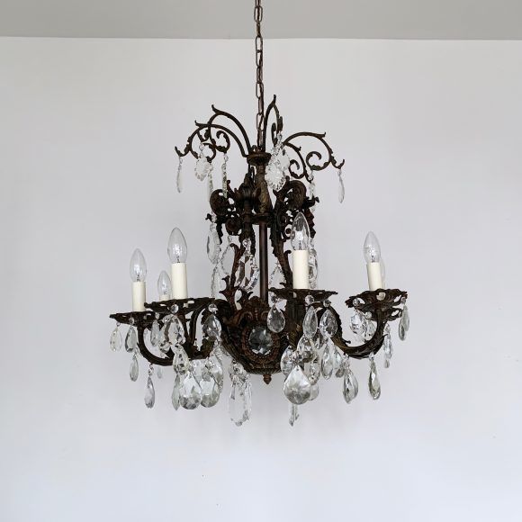 Large French Heavy Cast Brass Chandelier With Crystal Pears And Glass Flat Leaf Drops photo for sale
