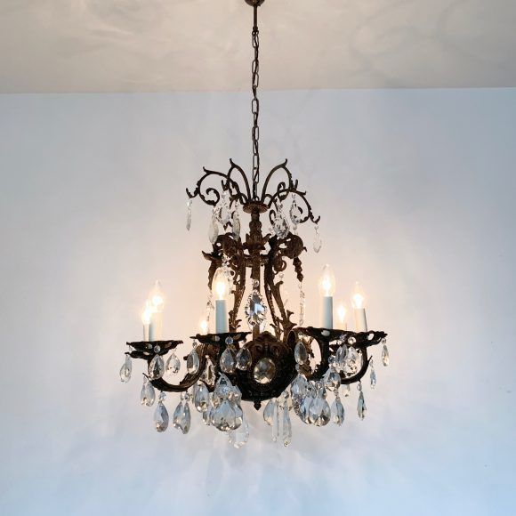 photo furniture Large French Heavy Cast Brass Chandelier With Crystal Pears And Glass Flat Leaf Drops